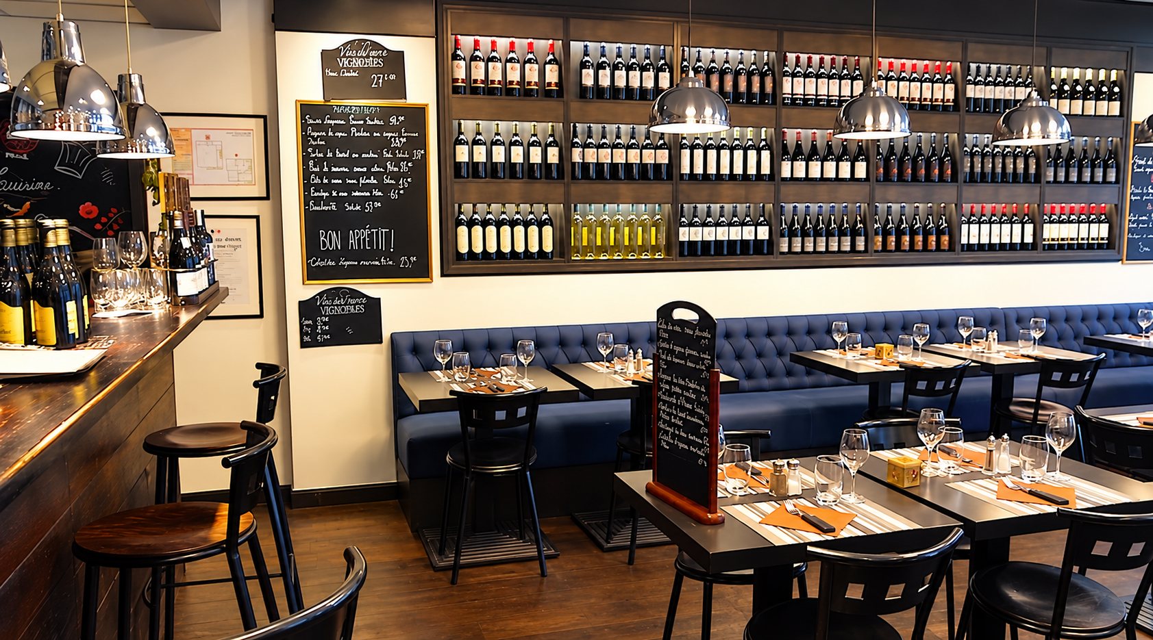 Salle du restaurant avec étagère de vins et banquette bleue